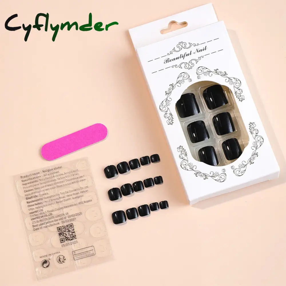 Cyflymder 24pcs Black False Toenails Solid Color Glossy Fake Toenails Wearable Full Cover Ins Square Press on Toenail Patch for Girl Women