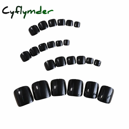 Cyflymder 24pcs Black False Toenails Solid Color Glossy Fake Toenails Wearable Full Cover Ins Square Press on Toenail Patch for Girl Women