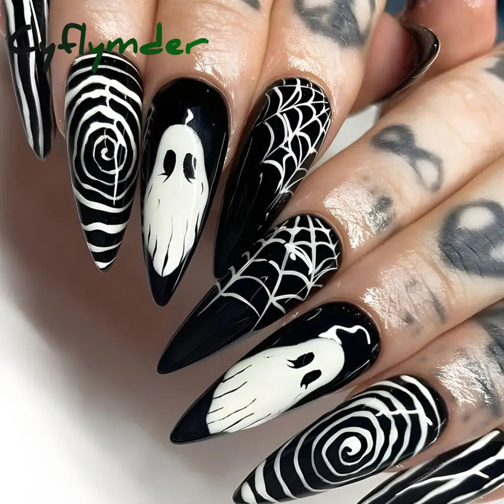 Cyflymder 24pcs Blood Red Fake Nails Gradient Long Pointed False Nail Patch Full Cover Wearable Fake Nail Tips Halloween Manicure Sets