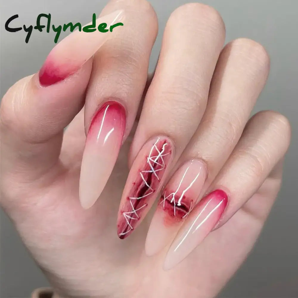 Cyflymder 24pcs Blood Red Fake Nails Gradient Long Pointed False Nail Patch Full Cover Wearable Fake Nail Tips Halloween Manicure Sets