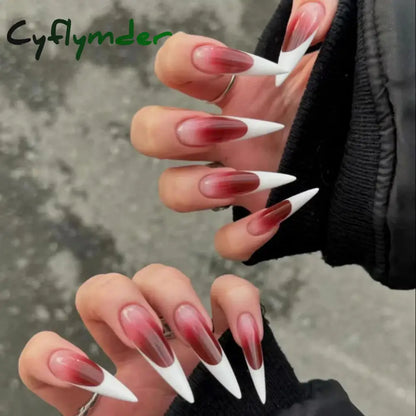 Cyflymder 24pcs Blood Red Fake Nails Gradient Long Pointed False Nail Patch Full Cover Wearable Fake Nail Tips Halloween Manicure Sets