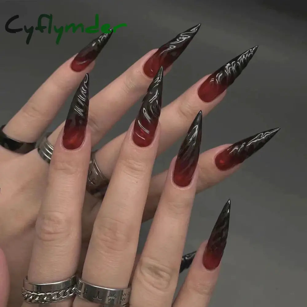 Cyflymder 24pcs Blood Red Fake Nails Gradient Long Pointed False Nail Patch Full Cover Wearable Fake Nail Tips Halloween Manicure Sets