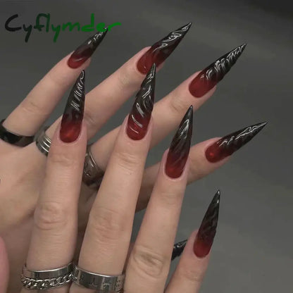Cyflymder 24pcs Blood Red Fake Nails Gradient Long Pointed False Nail Patch Full Cover Wearable Fake Nail Tips Halloween Manicure Sets