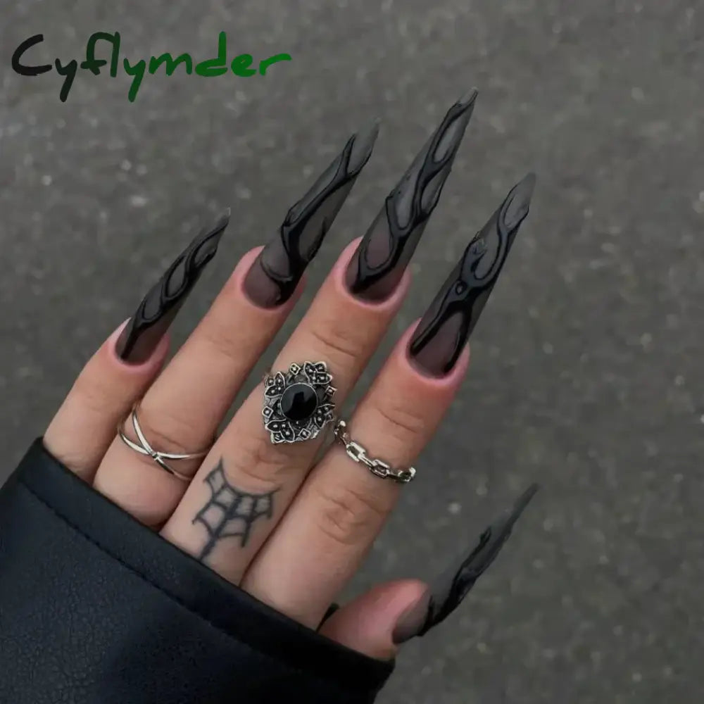 Cyflymder 24pcs Blood Red Fake Nails Gradient Long Pointed False Nail Patch Full Cover Wearable Fake Nail Tips Halloween Manicure Sets