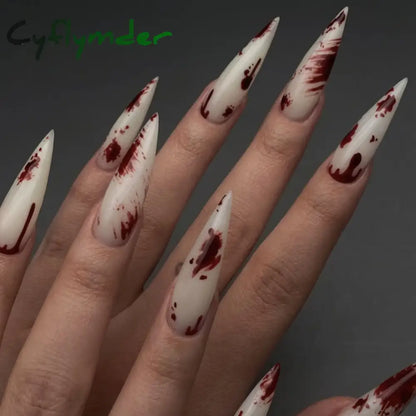 Cyflymder 24pcs Blood Red Fake Nails Gradient Long Pointed False Nail Patch Full Cover Wearable Fake Nail Tips Halloween Manicure Sets