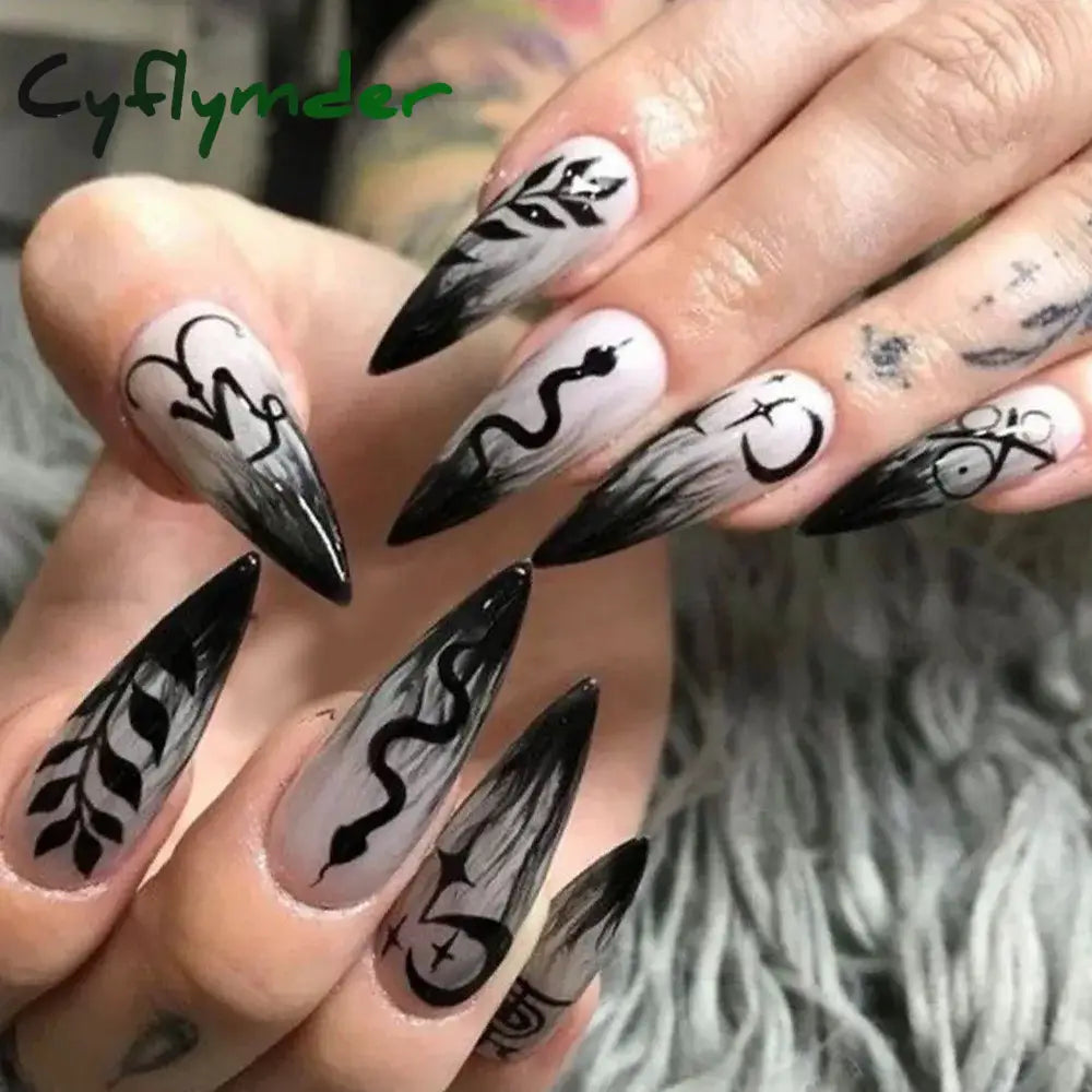 Cyflymder 24pcs Blood Red Fake Nails Gradient Long Pointed False Nail Patch Full Cover Wearable Fake Nail Tips Halloween Manicure Sets