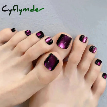 Cyflymder 24pcs Blue Cat Eyes Press on Foot Nails Aurora Glitter Artificial Toenails Women Girl Wearable Full Cover False Nail for Feet