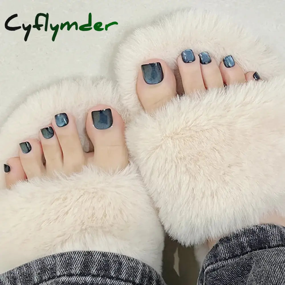 Cyflymder 24pcs Blue Cat Eyes Press on Foot Nails Aurora Glitter Artificial Toenails Women Girl Wearable Full Cover False Nail for Feet