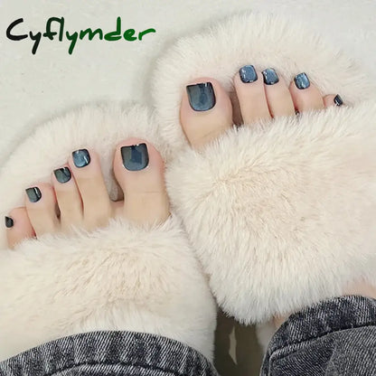 Cyflymder 24pcs Blue Cat Eyes Press on Foot Nails Aurora Glitter Artificial Toenails Women Girl Wearable Full Cover False Nail for Feet