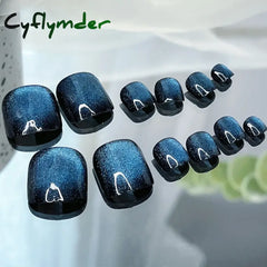Cyflymder 24pcs Blue Cat Eyes Press on Foot Nails Aurora Glitter Artificial Toenails Women Girl Wearable Full Cover False Nail for Feet