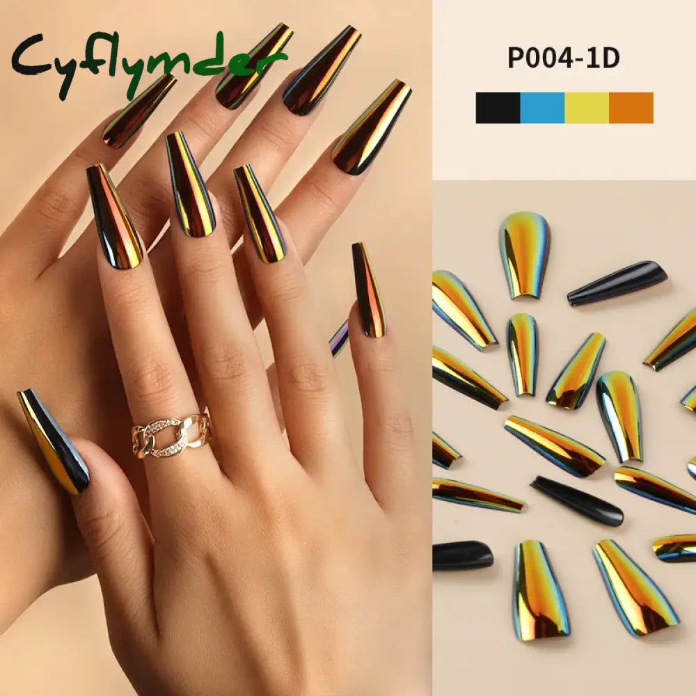 Cyflymder 24Pcs/Box Ballerina Press on Nails Tips False Nail Art Full Cover Detachable Artificial Fake Nails Metal Mirror Powder Design