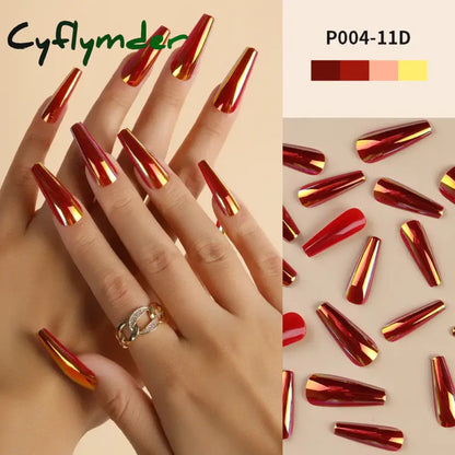 Cyflymder 24Pcs/Box Ballerina Press on Nails Tips False Nail Art Full Cover Detachable Artificial Fake Nails Metal Mirror Powder Design