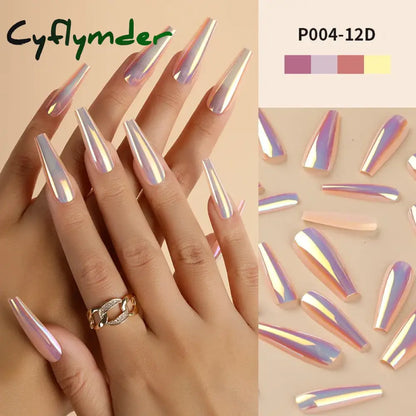 Cyflymder 24Pcs/Box Ballerina Press on Nails Tips False Nail Art Full Cover Detachable Artificial Fake Nails Metal Mirror Powder Design