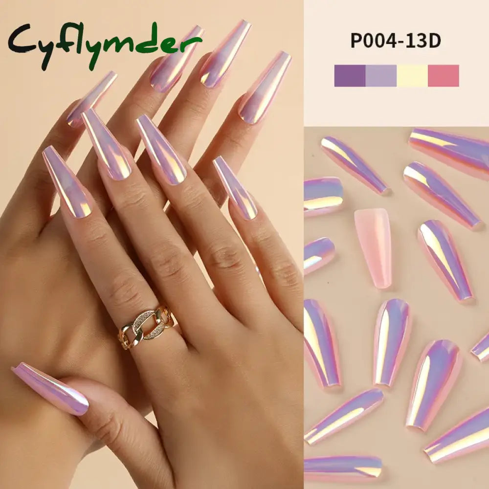 Cyflymder 24Pcs/Box Ballerina Press on Nails Tips False Nail Art Full Cover Detachable Artificial Fake Nails Metal Mirror Powder Design