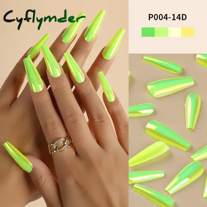 Cyflymder 24Pcs/Box Ballerina Press on Nails Tips False Nail Art Full Cover Detachable Artificial Fake Nails Metal Mirror Powder Design