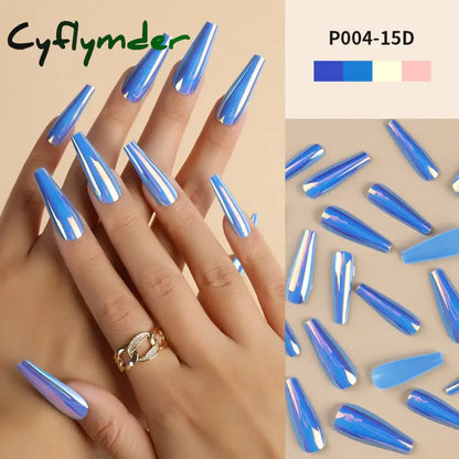 Cyflymder 24Pcs/Box Ballerina Press on Nails Tips False Nail Art Full Cover Detachable Artificial Fake Nails Metal Mirror Powder Design