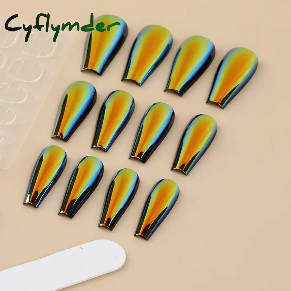 Cyflymder 24Pcs/Box Ballerina Press on Nails Tips False Nail Art Full Cover Detachable Artificial Fake Nails Metal Mirror Powder Design