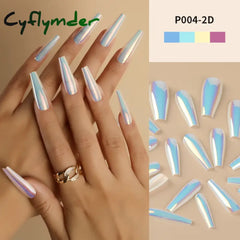 Cyflymder 24Pcs/Box Ballerina Press on Nails Tips False Nail Art Full Cover Detachable Artificial Fake Nails Metal Mirror Powder Design