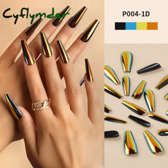 Cyflymder 24Pcs/Box Ballerina Press on Nails Tips False Nail Art Full Cover Detachable Artificial Fake Nails Metal Mirror Powder Design