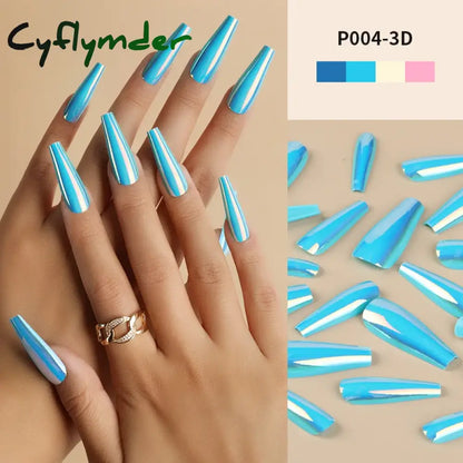 Cyflymder 24Pcs/Box Ballerina Press on Nails Tips False Nail Art Full Cover Detachable Artificial Fake Nails Metal Mirror Powder Design