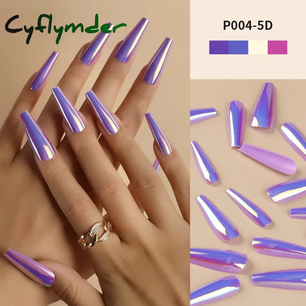 Cyflymder 24Pcs/Box Ballerina Press on Nails Tips False Nail Art Full Cover Detachable Artificial Fake Nails Metal Mirror Powder Design