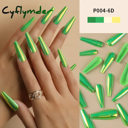 Cyflymder 24Pcs/Box Ballerina Press on Nails Tips False Nail Art Full Cover Detachable Artificial Fake Nails Metal Mirror Powder Design