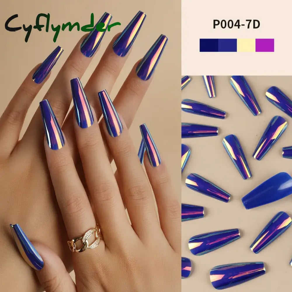 Cyflymder 24Pcs/Box Ballerina Press on Nails Tips False Nail Art Full Cover Detachable Artificial Fake Nails Metal Mirror Powder Design