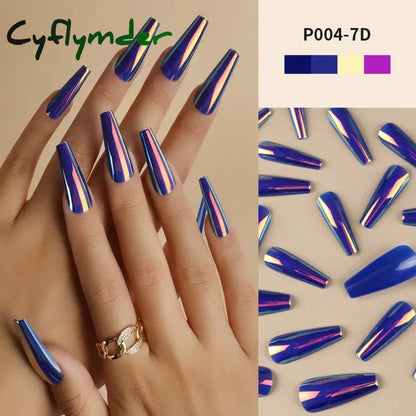Cyflymder 24Pcs/Box Ballerina Press on Nails Tips False Nail Art Full Cover Detachable Artificial Fake Nails Metal Mirror Powder Design