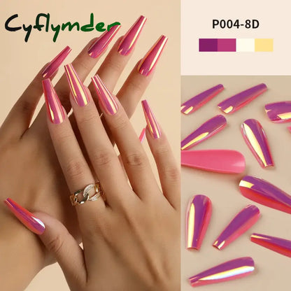 Cyflymder 24Pcs/Box Ballerina Press on Nails Tips False Nail Art Full Cover Detachable Artificial Fake Nails Metal Mirror Powder Design