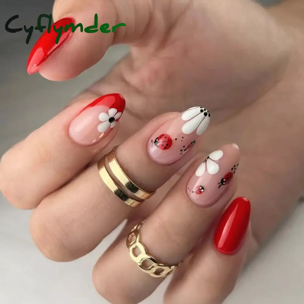 Cyflymder 24pcs/Box Fresh Floral Almond False Nails Press On Nails Detachable Fake Nail Tip Purple with Design Manicure Patches