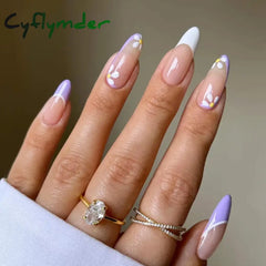 Cyflymder 24pcs/Box Fresh Floral Almond False Nails Press On Nails Detachable Fake Nail Tip Purple with Design Manicure Patches