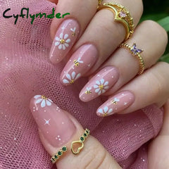 Cyflymder 24pcs/Box Fresh Floral Almond False Nails Press On Nails Detachable Fake Nail Tip Purple with Design Manicure Patches