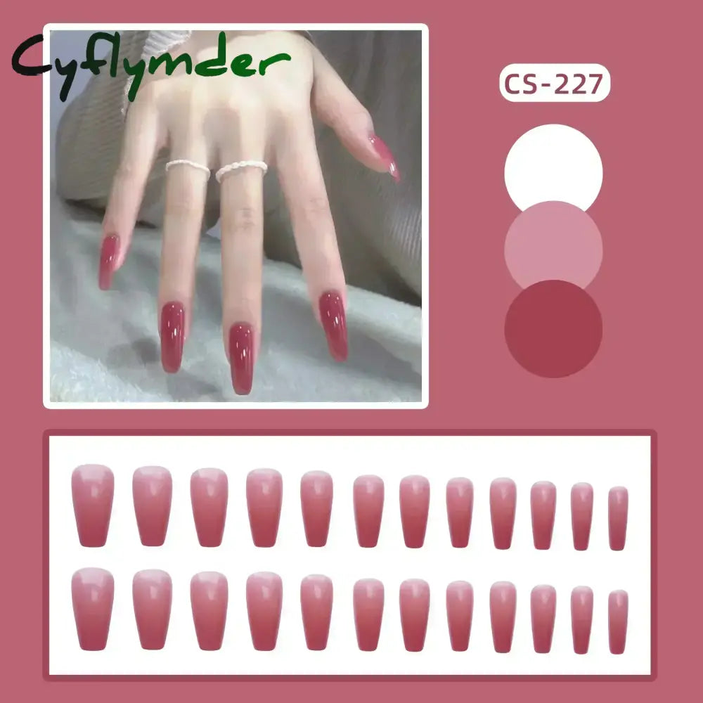 Cyflymder 24pcs/Box Long Coffin False Nails Art Rose with Glue Wearable Nude Pink White Color Jelly Nails Tips Full Cover Press On Nails