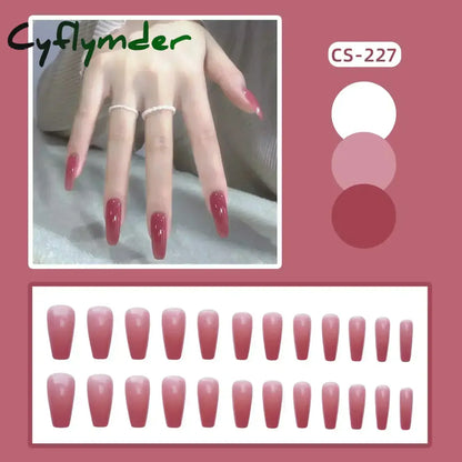 Cyflymder 24pcs/Box Long Coffin False Nails Art Rose with Glue Wearable Nude Pink White Color Jelly Nails Tips Full Cover Press On Nails