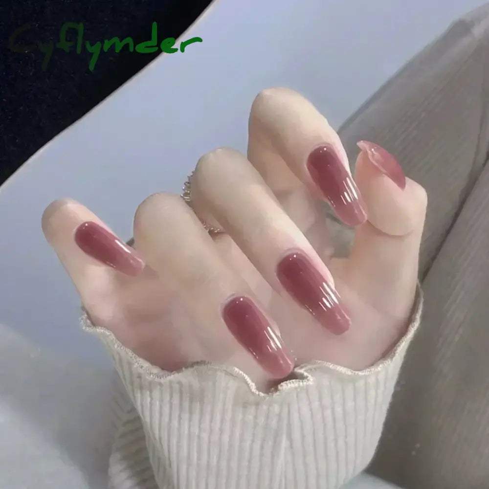 Cyflymder 24pcs/Box Long Coffin False Nails Art Rose with Glue Wearable Nude Pink White Color Jelly Nails Tips Full Cover Press On Nails