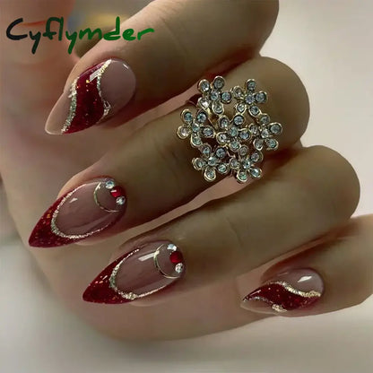 Cyflymder 24pcs/Box Long Coffin False Nails Art Rose with Glue Wearable Nude Pink White Color Jelly Nails Tips Full Cover Press On Nails