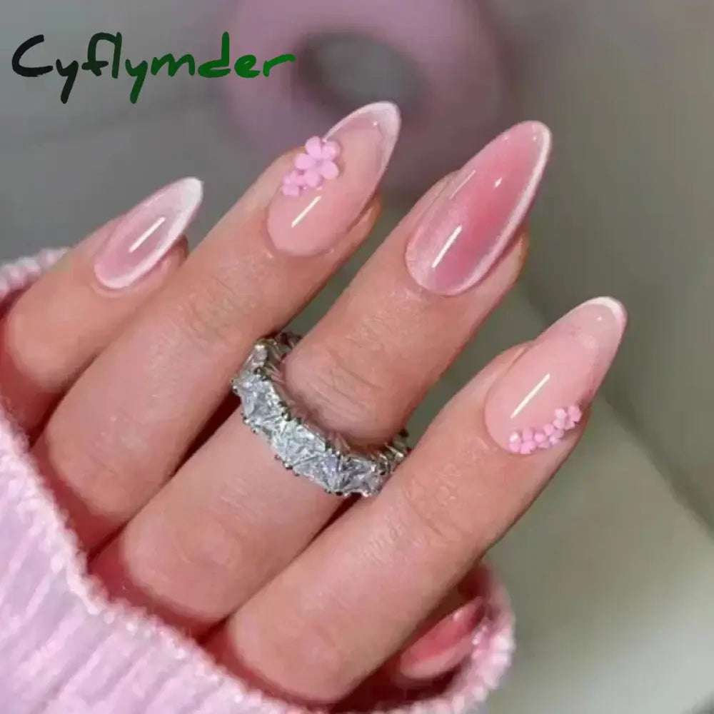 Cyflymder 24pcs/Box Long Coffin False Nails Art Rose with Glue Wearable Nude Pink White Color Jelly Nails Tips Full Cover Press On Nails