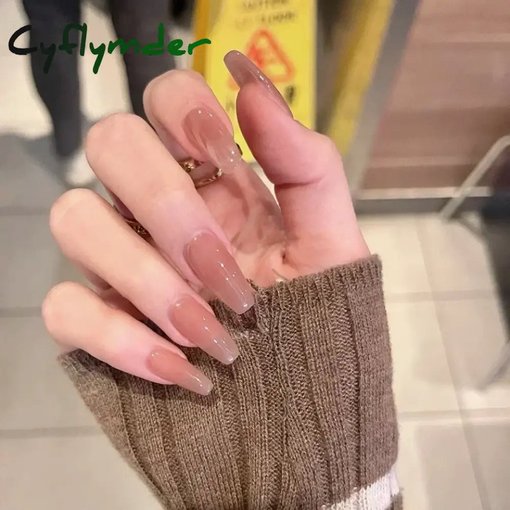 Cyflymder 24pcs/Box Long Coffin False Nails Art Rose with Glue Wearable Nude Pink White Color Jelly Nails Tips Full Cover Press On Nails