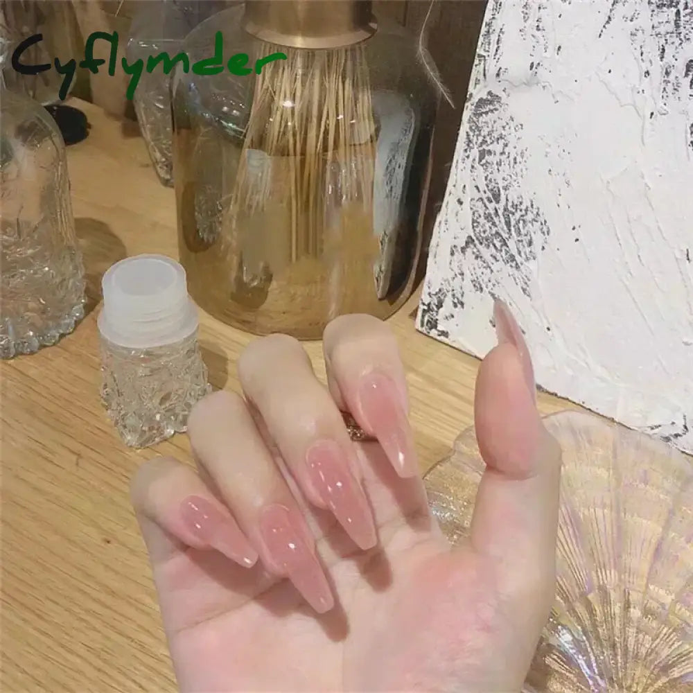 Cyflymder 24pcs/Box Long Coffin False Nails Art Rose with Glue Wearable Nude Pink White Color Jelly Nails Tips Full Cover Press On Nails