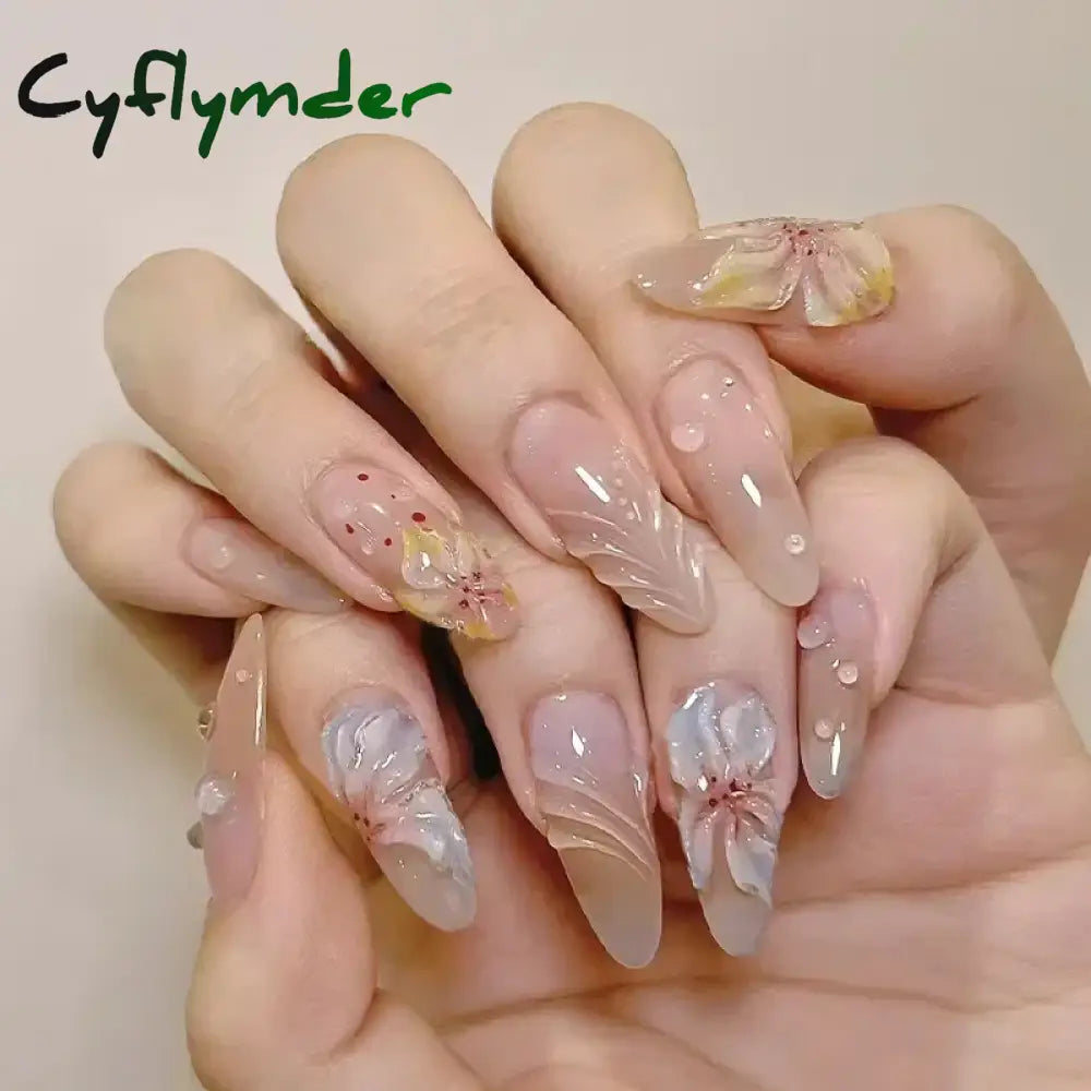 Cyflymder 24pcs/Box Long Coffin False Nails Art Rose with Glue Wearable Nude Pink White Color Jelly Nails Tips Full Cover Press On Nails