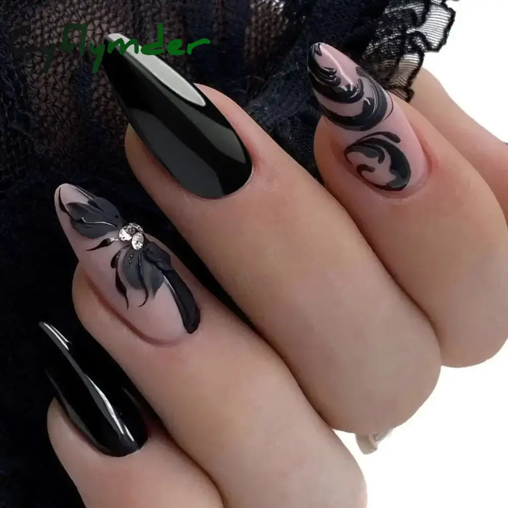 Cyflymder 24pcs/Box Long Coffin False Nails Art Rose with Glue Wearable Nude Pink White Color Jelly Nails Tips Full Cover Press On Nails