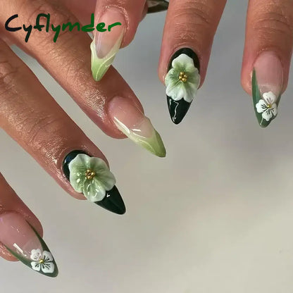 Cyflymder 24pcs/Box Long Coffin False Nails Art Rose with Glue Wearable Nude Pink White Color Jelly Nails Tips Full Cover Press On Nails