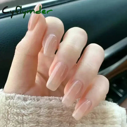 Cyflymder 24pcs/Box Long Coffin False Nails Art Rose with Glue Wearable Nude Pink White Color Jelly Nails Tips Full Cover Press On Nails