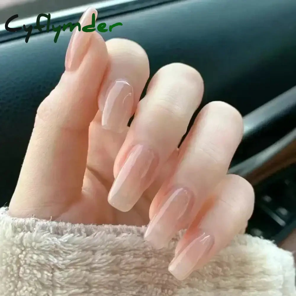 Cyflymder 24pcs/Box Long Coffin False Nails Art Rose with Glue Wearable Nude Pink White Color Jelly Nails Tips Full Cover Press On Nails