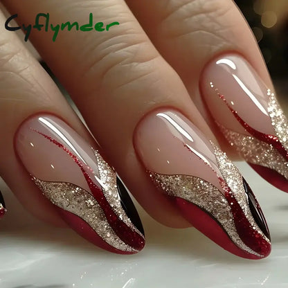 Cyflymder 24pcs/Box Long Coffin False Nails Art Rose with Glue Wearable Nude Pink White Color Jelly Nails Tips Full Cover Press On Nails