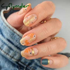 Cyflymder 24Pcs Brown Wearable Fake Nails Simple Leaves Design False Nail Tips Short Round Press on Nails French Full Cover Fake Nail