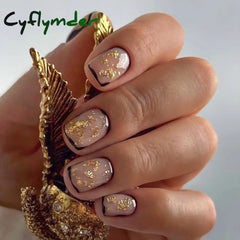 Cyflymder 24Pcs Brown Wearable Fake Nails Simple Leaves Design False Nail Tips Short Round Press on Nails French Full Cover Fake Nail