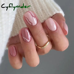 Cyflymder 24Pcs Brown Wearable Fake Nails Simple Leaves Design False Nail Tips Short Round Press on Nails French Full Cover Fake Nail