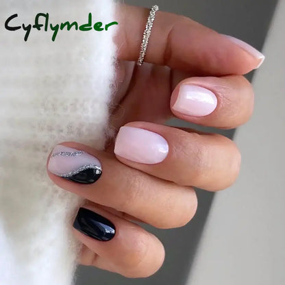 Cyflymder 24Pcs Brown Wearable Fake Nails Simple Leaves Design False Nail Tips Short Round Press on Nails French Full Cover Fake Nail
