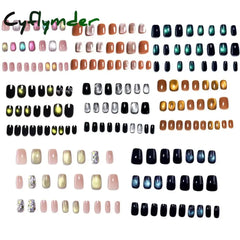 Cyflymder 24PCS Cat Eye Short False Nails Reusable Glitter Fake Nails Full Cover Artficial Nails Stick on Nails DIY Manicure Press on Nail